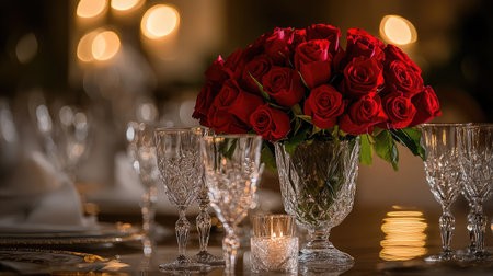 A romantic table setting with fine china, crystal glasses, and a centerpiece of red roses, ready for an intimate dinner.の素材