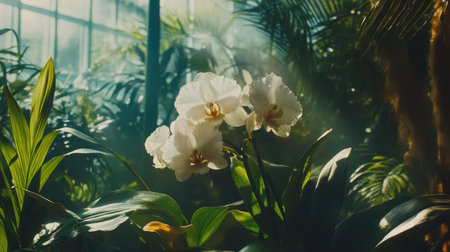 Close-up of a blooming orchid among lush foliage inside a greenhouse, with soft natural light illuminating the scene.の素材