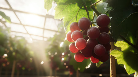 Close-up of a cluster of grapes hanging from a vine inside a greenhouse, with sunlight filtering through the leaves.の素材