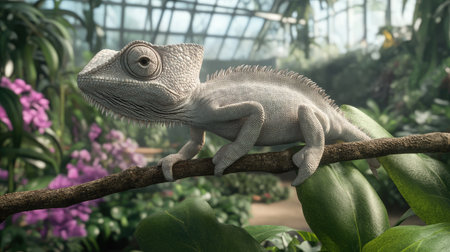 Close-up of a chameleon perched on a branch among lush foliage inside a greenhouse.の素材