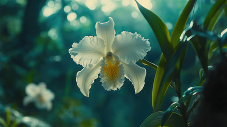Close-up of a blooming orchid among lush foliage inside a greenhouse, with soft natural light illuminating the scene.の素材