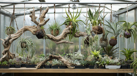 Interior of a greenhouse featuring a collection of air plants hanging from driftwood pieces suspended from the ceiling.の素材