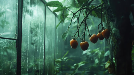 Close-up of ripe tomatoes hanging from vines inside a greenhouse, with a blurred background of green foliage.の素材
