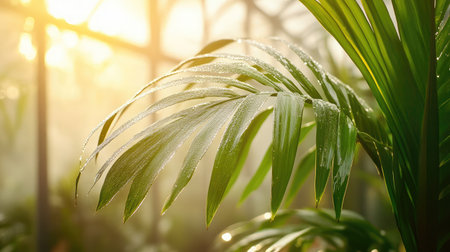 Close-up of dew-covered leaves of tropical plants inside a humid greenhouse, with sunlight filtering through the glass panels.の素材