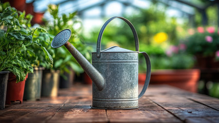 Close-up of a watering can resting on a wooden table inside a greenhouse, with potted plants in the background.の素材