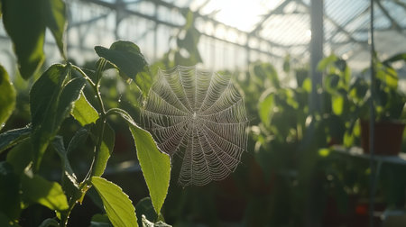Close-up of a spider web glistening with dew among the leaves of plants inside a greenhouse.の素材