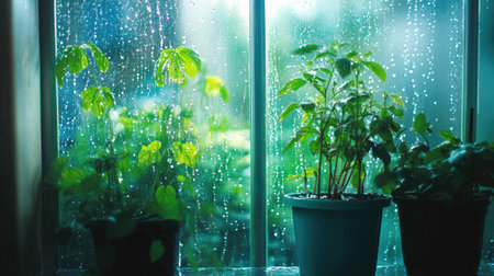 Interior of a greenhouse during a rainstorm, with raindrops streaming down the glass walls and lush plants inside.の素材