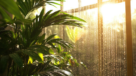 Interior of a greenhouse during a rainstorm, with raindrops streaming down the glass walls and lush plants inside.の素材