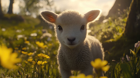 Close-up of a lamb's face, with soft wool and gentle eyes, standing in a sunlit meadow.の素材