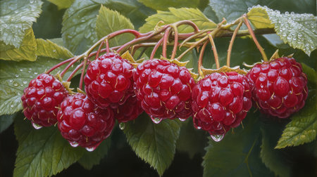 Close-up of a cluster of ripe raspberries hanging from the bush, with morning dew glistening on the leaves.の素材