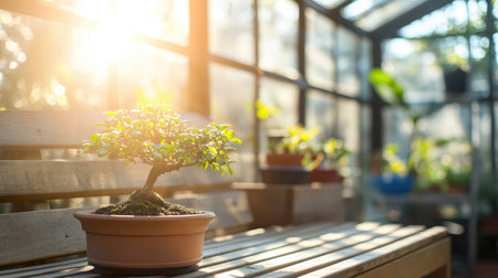 Close-up of a potted bonsai tree on a wooden bench inside a greenhouse, with sunlight streaming through the glass.の素材