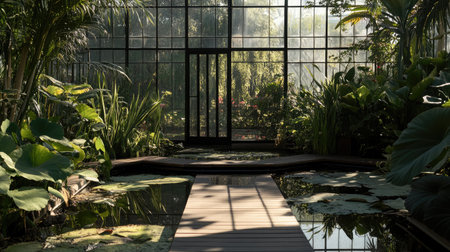 Interior of a greenhouse featuring a koi pond surrounded by tropical plants and a small wooden bridge.の素材