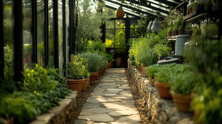 Interior of a greenhouse featuring a stone pathway leading through rows of potted herbs and vegetables.の素材