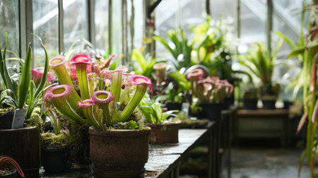 Interior of a greenhouse showcasing a collection of carnivorous plants in various stages of growth.の素材