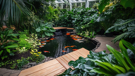 Interior of a greenhouse featuring a koi pond surrounded by tropical plants and a small wooden bridge.の素材