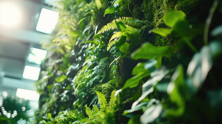 Interior of a greenhouse featuring a vertical garden wall covered in a variety of ferns and mosses.の素材