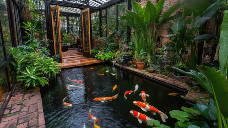 Interior of a greenhouse featuring a koi pond surrounded by tropical plants and a small wooden bridge.の素材