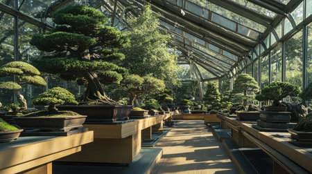 Interior of a greenhouse featuring a variety of bonsai trees displayed on wooden stands.の素材