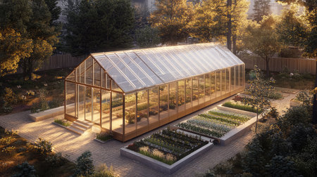 Aerial perspective of a solar-powered greenhouse with transparent panels, promoting energy-efficient crop production.の素材