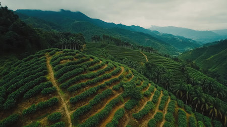 A coffee agroforestry system with coffee shrubs growing under the canopy of taller shade trees, promoting sustainable cultivation.の素材