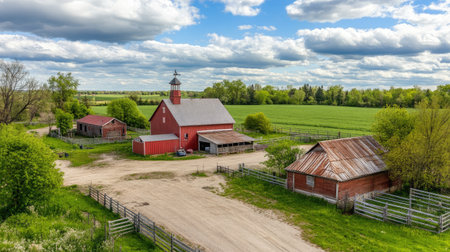 Aerial view of a free-range poultry farm with multiple coops and fenced areas, surrounded by green pastures and trees.の素材
