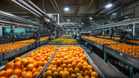 Automated sorting machines grading and packaging fresh produce in a high-tech facility.の素材