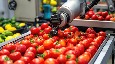 Automated sorting machines grading and packaging fresh produce in a high-tech facility.の素材