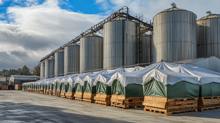 A dairy farm's feed storage area with towering silos and piles of grain covered with tarps.の素材