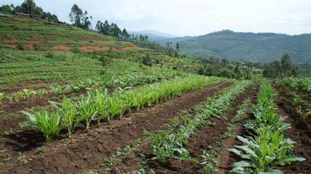 A field demonstrating intercropping techniques, with different crops sharing cultivated soil space.の素材