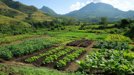 A field demonstrating intercropping techniques, with different crops sharing cultivated soil space.の素材