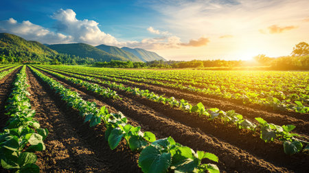 A field with alternating strips of cultivated and fallow land, implementing crop rotation for soil health.の素材