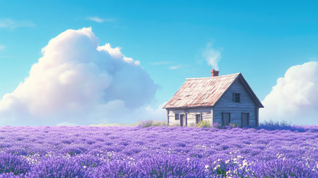 A field of lavender in full bloom stretching towards the horizon, with a rustic farmhouse in the distance.の素材