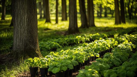 A forest farming setup with ginseng plants thriving under the canopy of mature hardwood trees, illustrating non-timber forest product cultivation.の素材