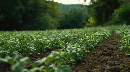 A field of deep-rooted cover crops breaking up compacted soil layers, enhancing permeability.の素材