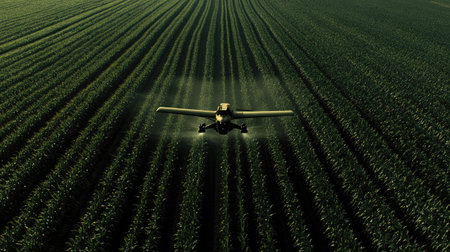 A drone spraying fertilizers over a large cornfield, ensuring even distribution and efficiency.の素材