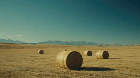 A field of golden hay bales scattered across a harvested field under a deep blue sky.の素材