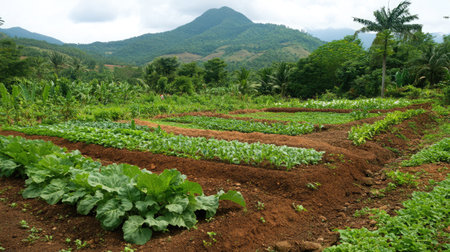 A field demonstrating intercropping techniques, with different crops sharing cultivated soil space.の素材
