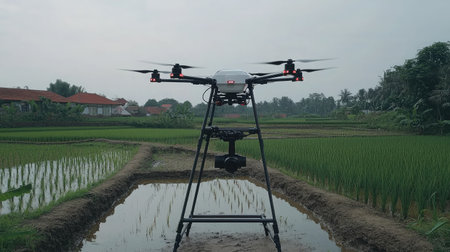 A fleet of drones flying over a rice paddy, conducting aerial surveys for crop health assessment.の素材
