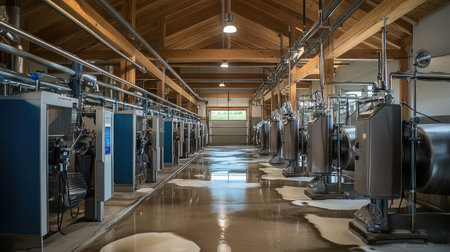 A modern milking parlor with automated milking machines attached to cows, showcasing advanced dairy technology.の素材