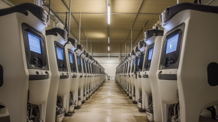 A row of milking robots in a high-tech dairy facility, each attending to a cow during the milking process.の素材