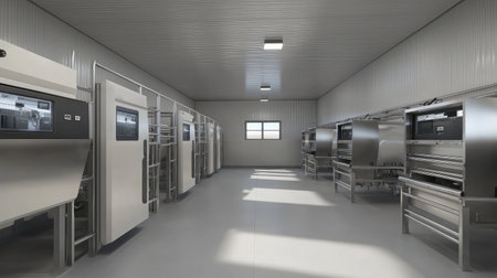 A modern milking parlor with automated milking machines attached to cows, showcasing advanced dairy technology.の素材