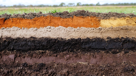 A series of soil pits exposing different soil horizons, illustrating the depth of cultivation impact.の素材