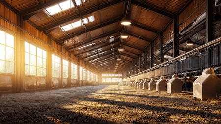 A spacious poultry barn with rows of clean, empty cages and feeding equipment, illuminated by natural light streaming through large windows.の素材