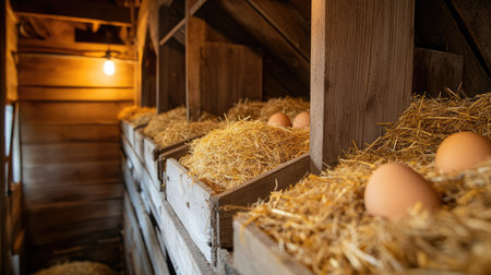 A row of nesting boxes inside a chicken coop, each filled with straw bedding, ready for hens to lay eggs.の素材