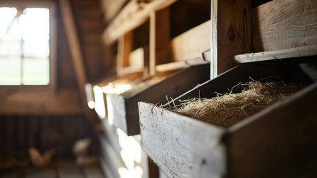 A row of nesting boxes inside a chicken coop, each filled with straw bedding, ready for hens to lay eggs.の素材