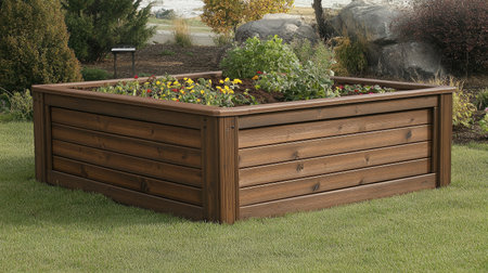 A raised bed garden with rich, well-aerated soil, ready for planting diverse crops.の素材