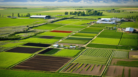 A panoramic view of a poultry farm's pasture rotation system, with sections of land at different stages of use and recovery.の素材