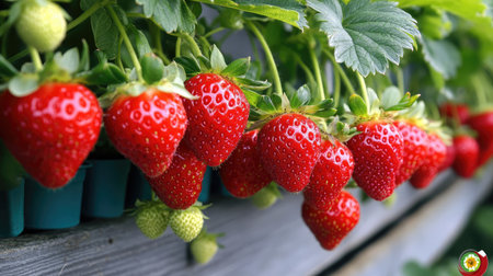 A vertical hydroponic system growing strawberries indoors, utilizing space efficiently.の素材