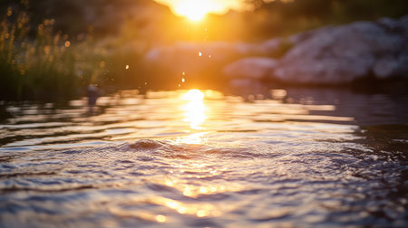 A serene sunrise over a tranquil fish pond, with aeration devices creating gentle ripples on the water's surface.の素材