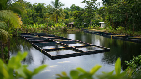 A panoramic view of an inland aquaculture farm featuring a series of rectangular ponds surrounded by lush greenery.の素材